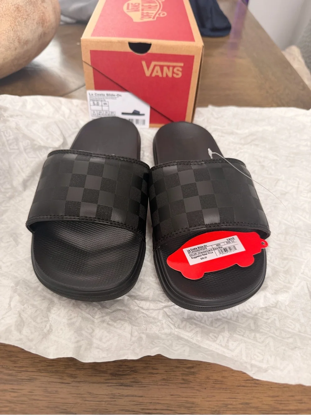 Vans Men’s  La Costa Black Checkerboard Slide Sandals Boys size 5 Women 6.5